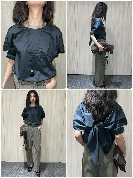 HIDEMI 小飞侠系列极简丝巾堆叠立体剪裁中袖清透感上衣阔腿裤套装 商品图3