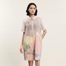 谜底衬衫裙短袖女2024年夏款复古文艺风拼接宽松连衣裙242ML0598