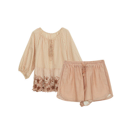 谜底套装女士2024年夏季新款文艺风刺绣宽松上衣+短裤242MTZ0650 商品图4