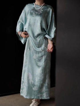 盛唐牡丹 |真丝水蓝芙蓉花新中式长裙