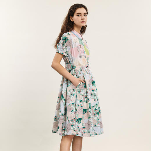 谜底碎花连衣裙短袖女2024年夏款文艺风主题印花中长裙242ML0617 商品图1