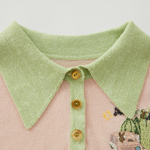 谜底套头针织衫女2024年夏款学院风拼色刺绣POLO领上衣242MZ0879 商品图3