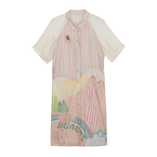 谜底衬衫裙短袖女2024年夏款复古文艺风拼接宽松连衣裙242ML0598 商品图4