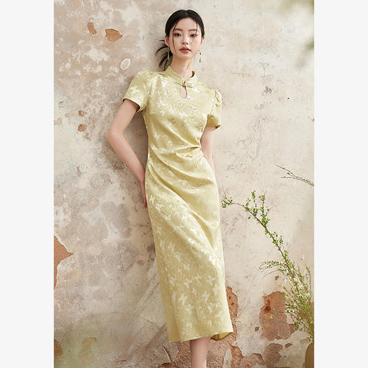 新中式国风旗袍领肌理提花连衣裙女夏季聚褶收腰开叉长裙V0041355 商品图0