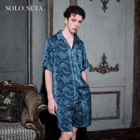 22姆米男士真丝短袖短裤睡衣套装蓝色印花桑蚕丝家居服