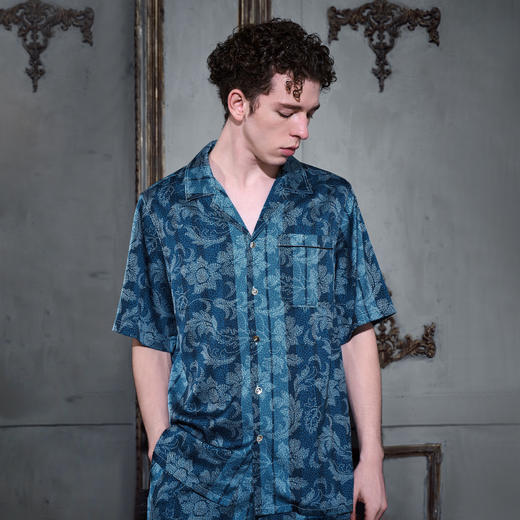 22姆米男士真丝短袖短裤睡衣套装蓝色印花桑蚕丝家居服 商品图1