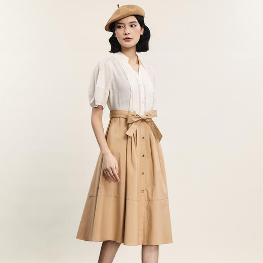 谜底拼接式连衣裙短袖2024年夏季新款时尚通勤风V领长裙242ML0688 商品图1