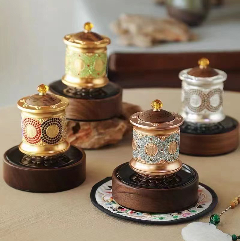 善界太阳能K金纯银镶钻转经轮    香薰转经轮 书房车载办公室佛前摆件