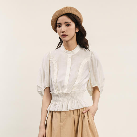 谜底衬衫短袖女2024夏季新款复古宫廷风荷叶领短款衬衣242MS0656 商品图0