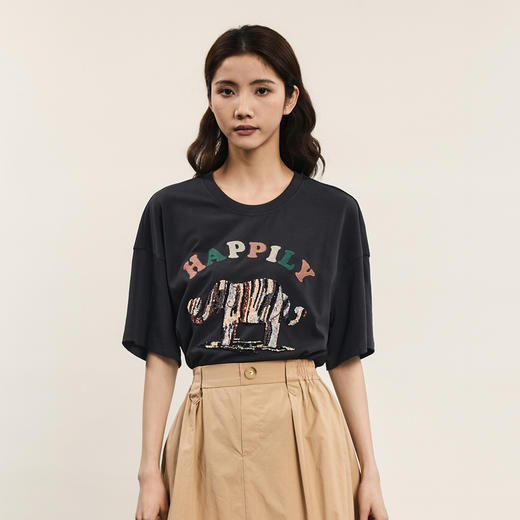 谜底宽松T恤短袖女2024年夏季新款趣味绣花圆领百搭上衣242MT0528 商品图0