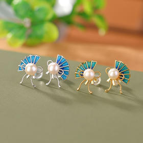 S925纯银镀金，淡水珍珠国潮景泰蓝蝴蝶结耳钉复古珐琅银耳饰CW-272