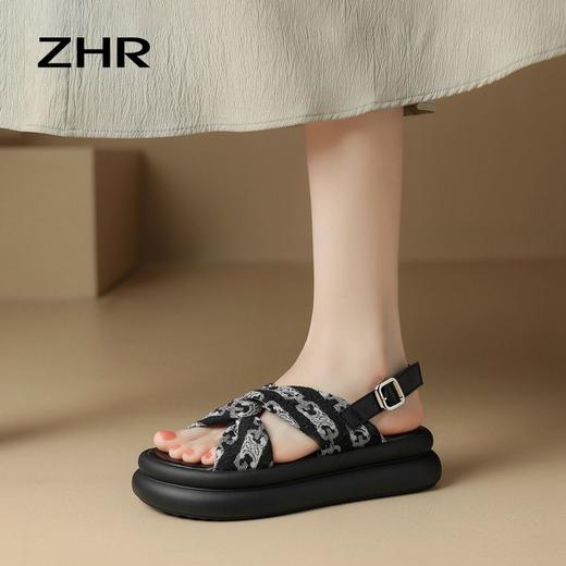 ZHR罗马凉鞋女2024年夏新款露趾软底拖鞋厚底外穿一字扣沙滩鞋 商品图5