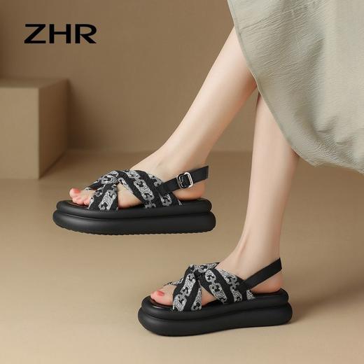 ZHR罗马凉鞋女2024年夏新款露趾软底拖鞋厚底外穿一字扣沙滩鞋 商品图4