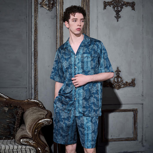 22姆米男士真丝短袖短裤睡衣套装蓝色印花桑蚕丝家居服 商品图2
