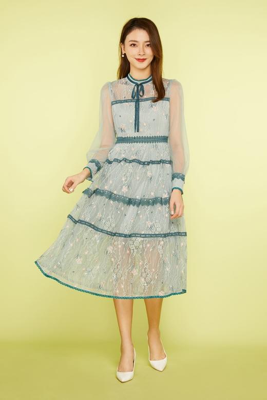 ELLA JADE 绿色刺绣蕾丝收腰连衣裙 11269 商品图0