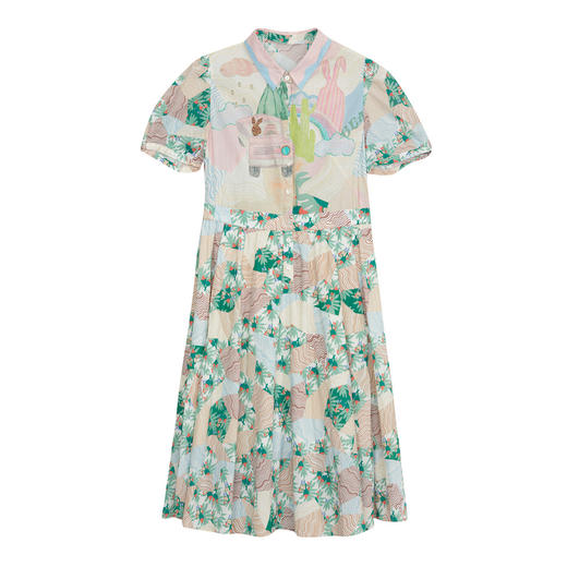 谜底碎花连衣裙短袖女2024年夏款文艺风主题印花中长裙242ML0617 商品图4