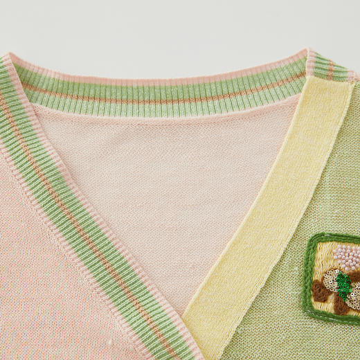 谜底针织开衫中袖女2024年夏季新款文艺风拼色百搭上衣242MZ0877 商品图3