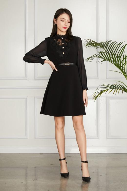 Le Malene 蕾丝领口雪纺袖连衣裙（不含腰带） 11316 商品图1