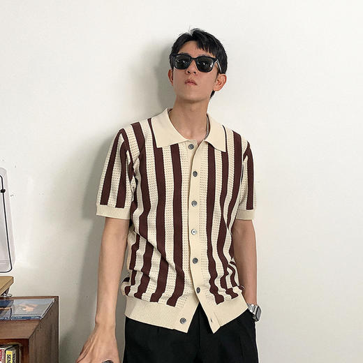 徐太浪美式度假风条纹短袖Polo衫男夏季痞帅撞色翻领休闲半袖上衣 商品图0