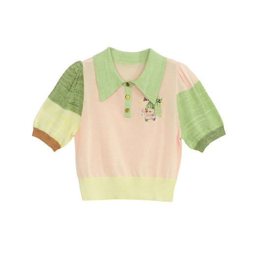 谜底套头针织衫女2024年夏款学院风拼色刺绣POLO领上衣242MZ0879 商品图4