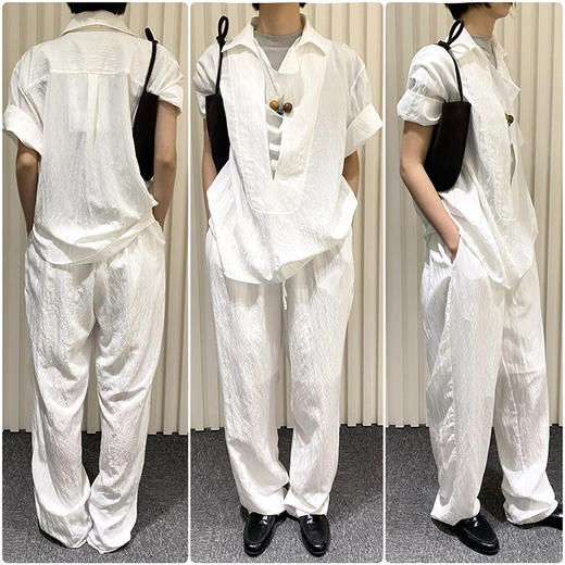 HIDEMI 极简微褶皱柔顺清透设计感假两件短袖长裤套装 商品图1