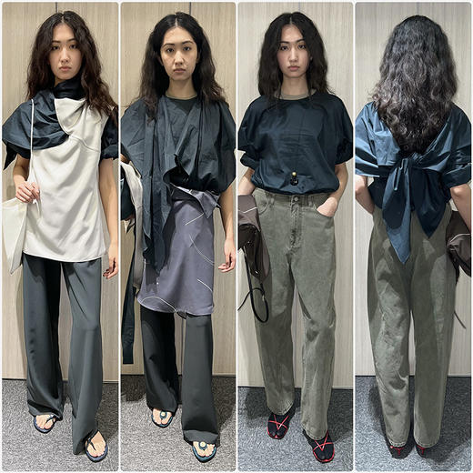 HIDEMI 小飞侠系列极简丝巾堆叠立体剪裁中袖清透感上衣阔腿裤套装 商品图2