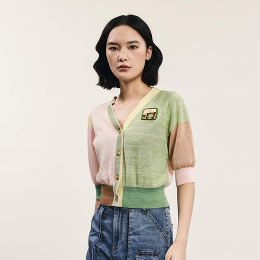 谜底针织开衫中袖女2024年夏季新款文艺风拼色百搭上衣242MZ0877 商品图1