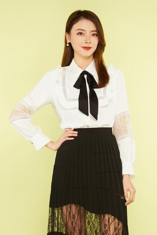 amadella 黑色飘领绑带拼接蕾丝衬衣 11295 商品图0