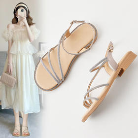 ZHR则则凉鞋女2024新款时尚爆款一字带水钻凉鞋气质防滑平底凉鞋