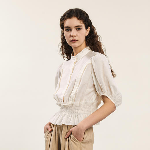 谜底衬衫短袖女2024夏季新款复古宫廷风荷叶领短款衬衣242MS0656 商品图1