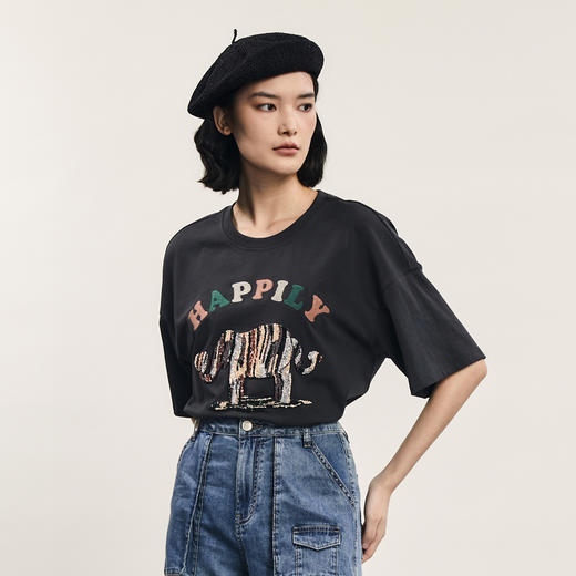 谜底宽松T恤短袖女2024年夏季新款趣味绣花圆领百搭上衣242MT0528 商品图1