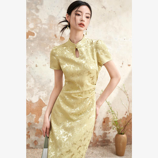 新中式国风旗袍领肌理提花连衣裙女夏季聚褶收腰开叉长裙V0041355 商品图3