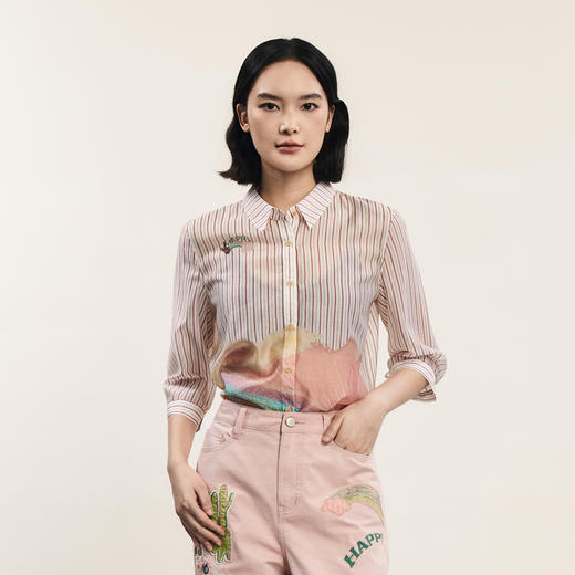 谜底宽松衬衫七分袖女2024年夏新款复古文艺风亲肤衬衣242MC0658 商品图0