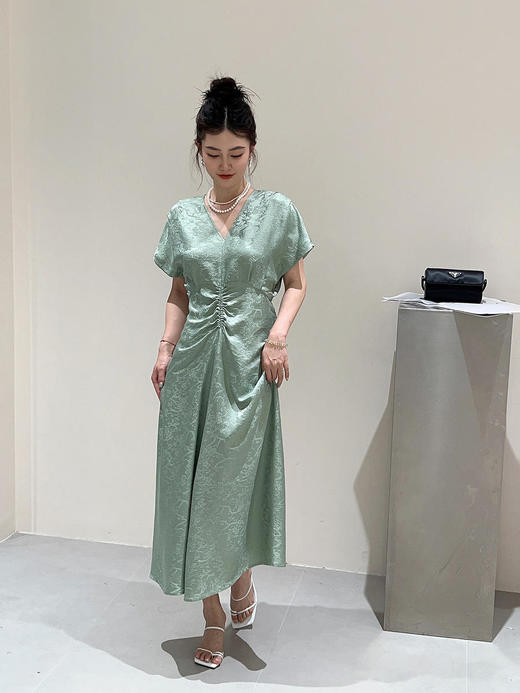 盛唐牡丹 |天青色织金真丝提花褶皱长裙 商品图1