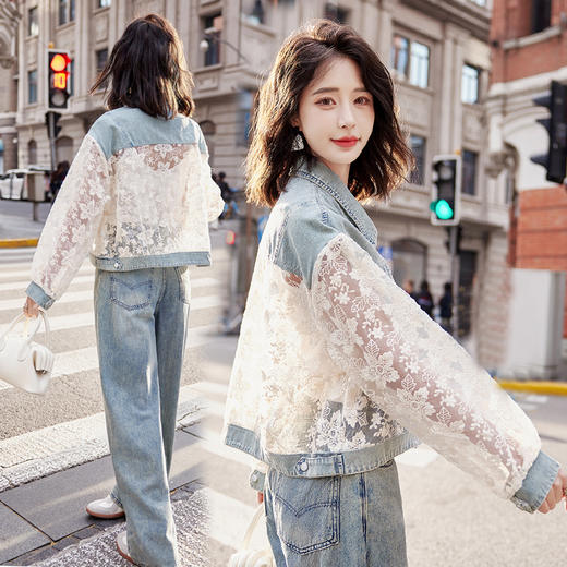 透视防晒衣，蕾丝牛仔拼接薄款短外套HR-BX2553 商品图1