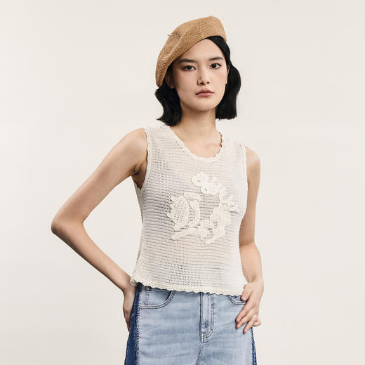 谜底针织背心女2024夏季新款复古风圆领套头针织衫无袖242MZ0857 商品图0