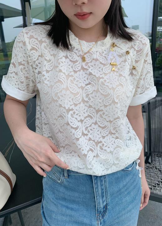 圆领装饰订珠蕾丝花短袖衫 3522040012 商品图7
