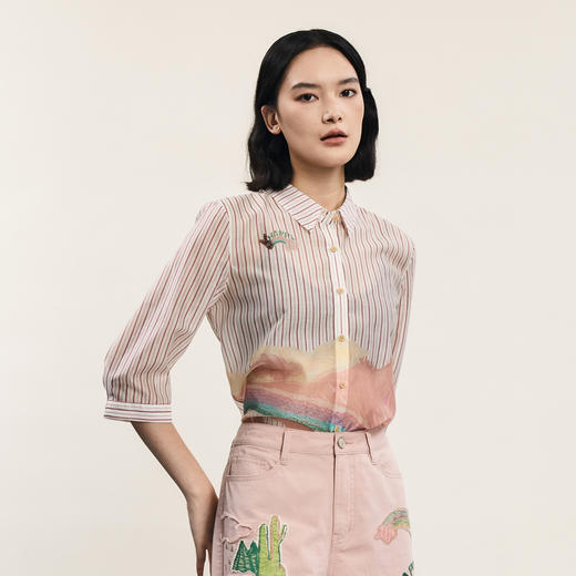 谜底宽松衬衫七分袖女2024年夏新款复古文艺风亲肤衬衣242MC0658 商品图1