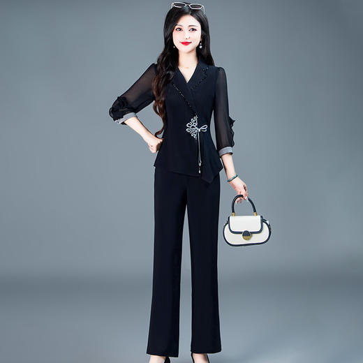 QYM-246626新中式国风职业套装女春夏时尚西装领长袖上衣直筒长裤休闲两件套 商品图5