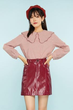 amadella 红色花边领格纹上衣 11334