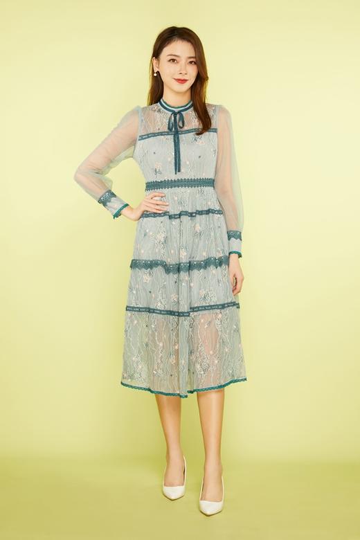 ELLA JADE 绿色刺绣蕾丝收腰连衣裙 11269 商品图4