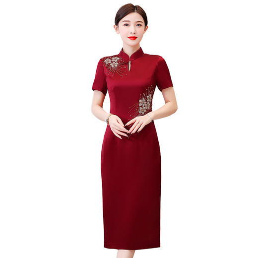 AHM-7676喜婆婆婚宴装复古中长款旗袍裙夏季新款重工优雅酒红色连衣裙 商品图4