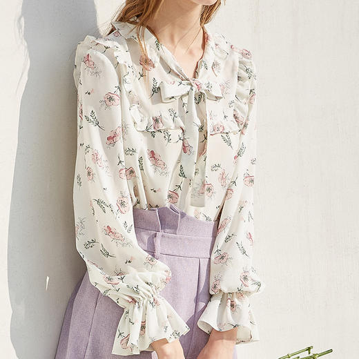 欧芮儿秋装2019款女装印花雪纺衫女宽松灯笼袖超仙小衫蝴蝶结上衣 商品图2