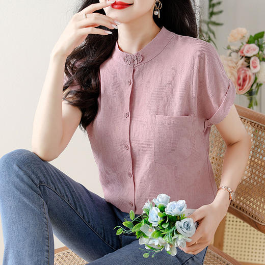 NYL-6116新中式国风盘扣衬衫夏季新款时尚洋气立领拼接减龄漂亮小衫 商品图0
