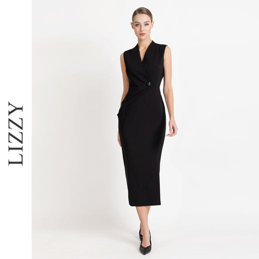 LIZZY早秋新款优雅气质通勤修身显瘦V领包臀开叉无袖连衣裙 商品图1