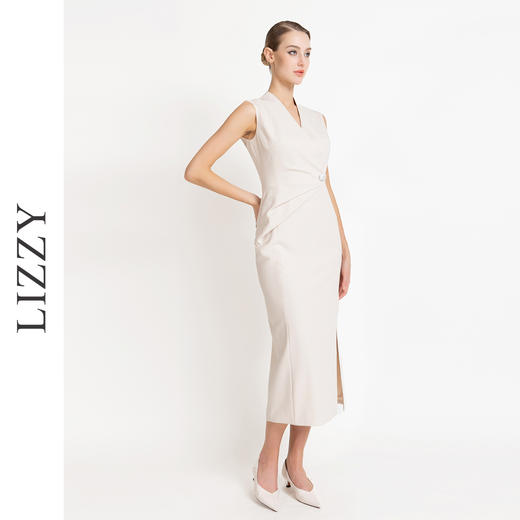 LIZZY早秋新款优雅气质通勤修身显瘦V领包臀开叉无袖连衣裙 商品图3