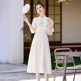 HRFS-24579夏季新款气质时尚新中式风刺绣设计高腰A字连衣裙