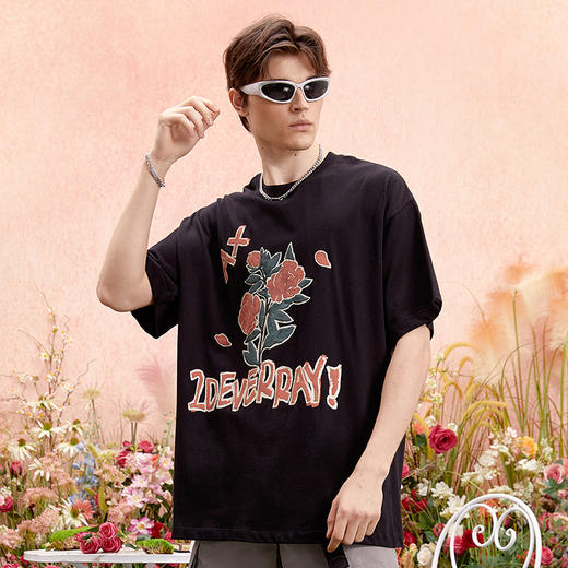 IDEVERRAY品牌夏季美式复古玫瑰花瓣印花短袖宽松休闲情侣衫T恤男21MSL-TM662 商品图0