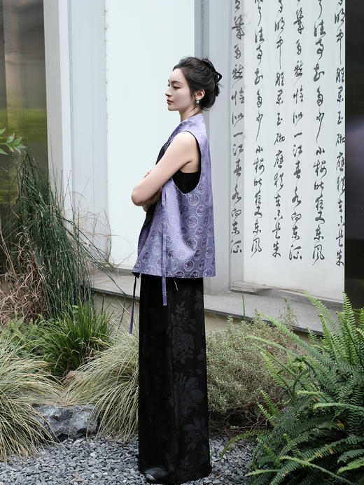 盛唐牡丹 |紫色梅兰竹菊花窗格宋锦马甲 商品图13