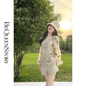 余潇潇【柳浪闻莺】重工刺绣天丝收腰连肩袖V领上衣&花苞短裤